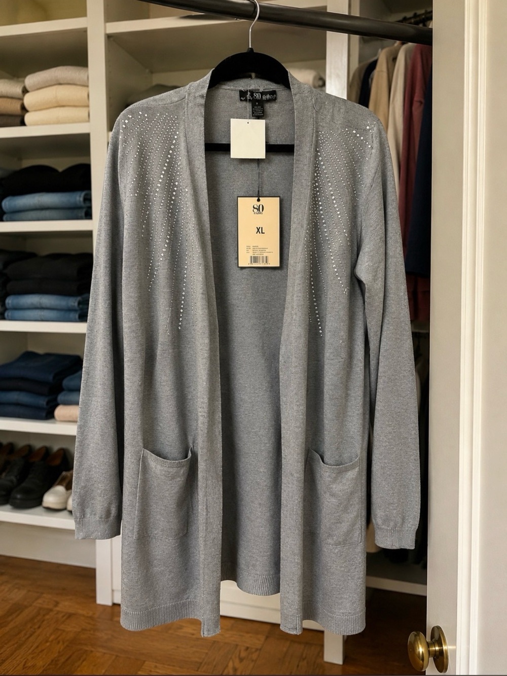 80 Park Light Gray Open-Front Cardigan with Rhinestone Accents